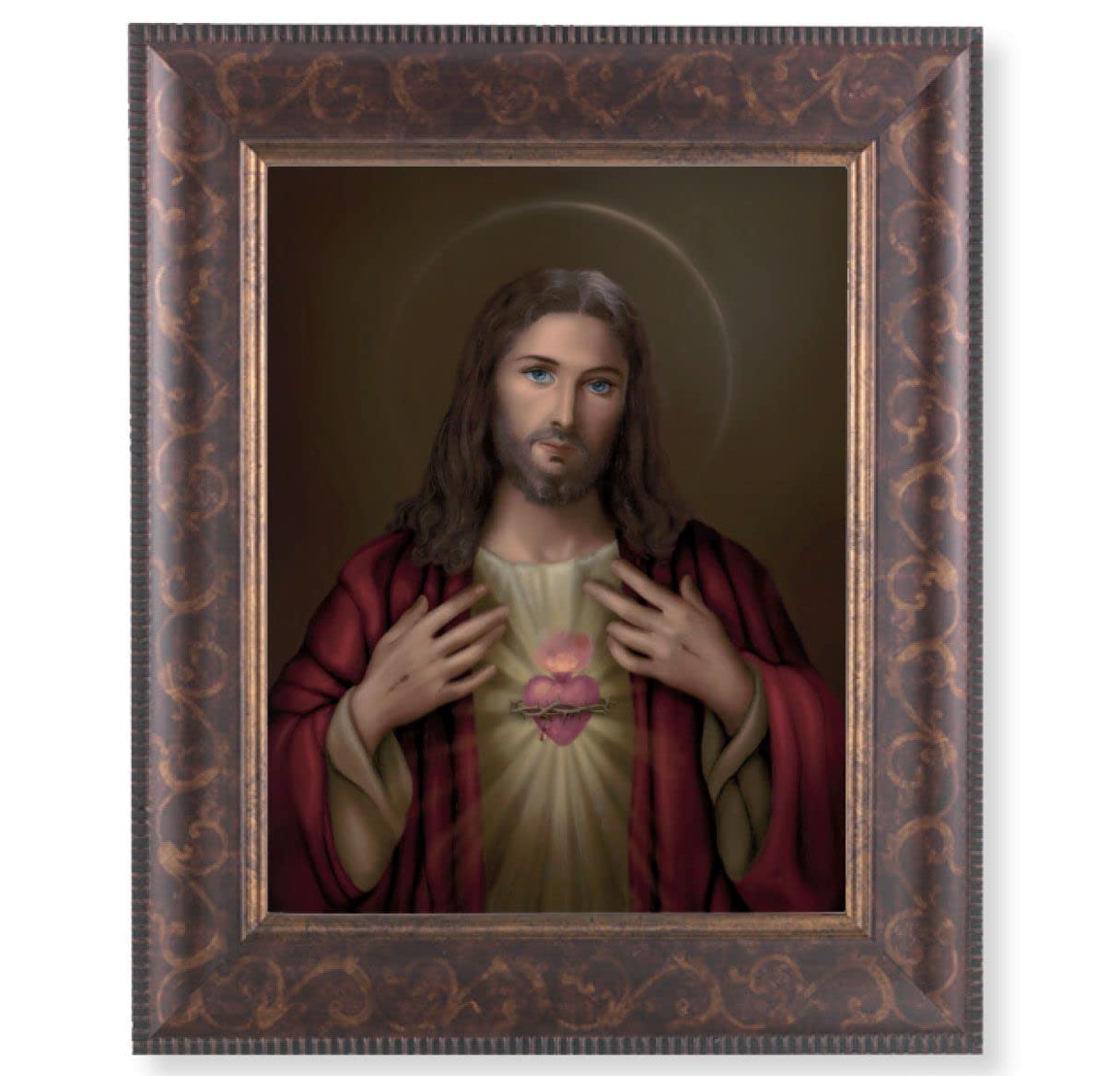 Sacred Heart of Jesus Picture, 11-1/4"x13-1/4, Antique Gold & Espresso Frame, Italian Print Under Glass # 25792