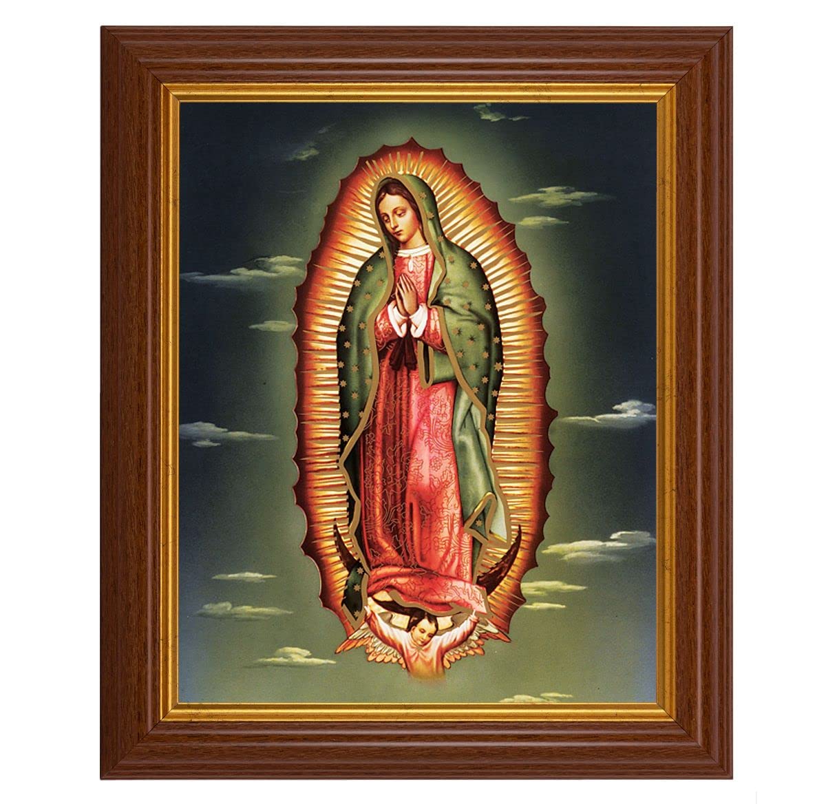 Our Lady of Guadalupe, 10.5"x12.5" Walnut Finished Fluted Frame, Gold Beaded Lip, Italian Print # 27025