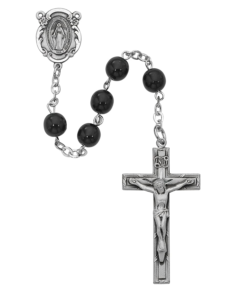 7mm Black Glass Rosary, Pewter Miraculous Medal Center and 1-3/4" Crucifix # 21238