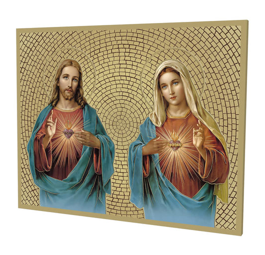 The Sacred Hearts Gold Foil Mosaic Plaque, 8"x10", Made in Italy # 1175