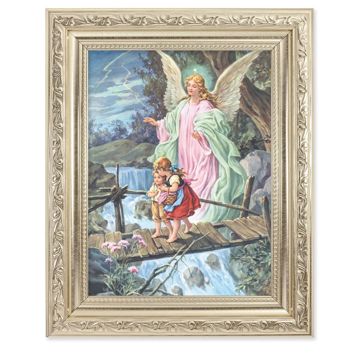 Guardian Angel with Children Picture, 8-1/4"x10-1/4 Antique Silver Finish with Acanthus Leaf Detail Under Glass # 27899