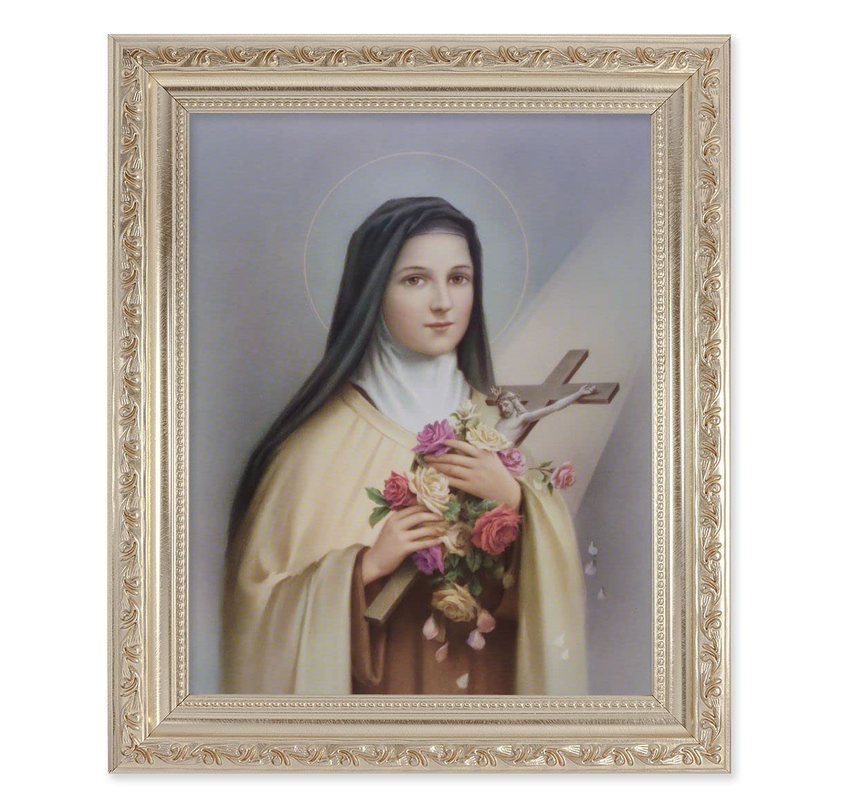 St. Therese of Lisieux, 10"x12" Antique Silver & Carved Scrollwork Frame, Italian Print Under Glass # 26841
