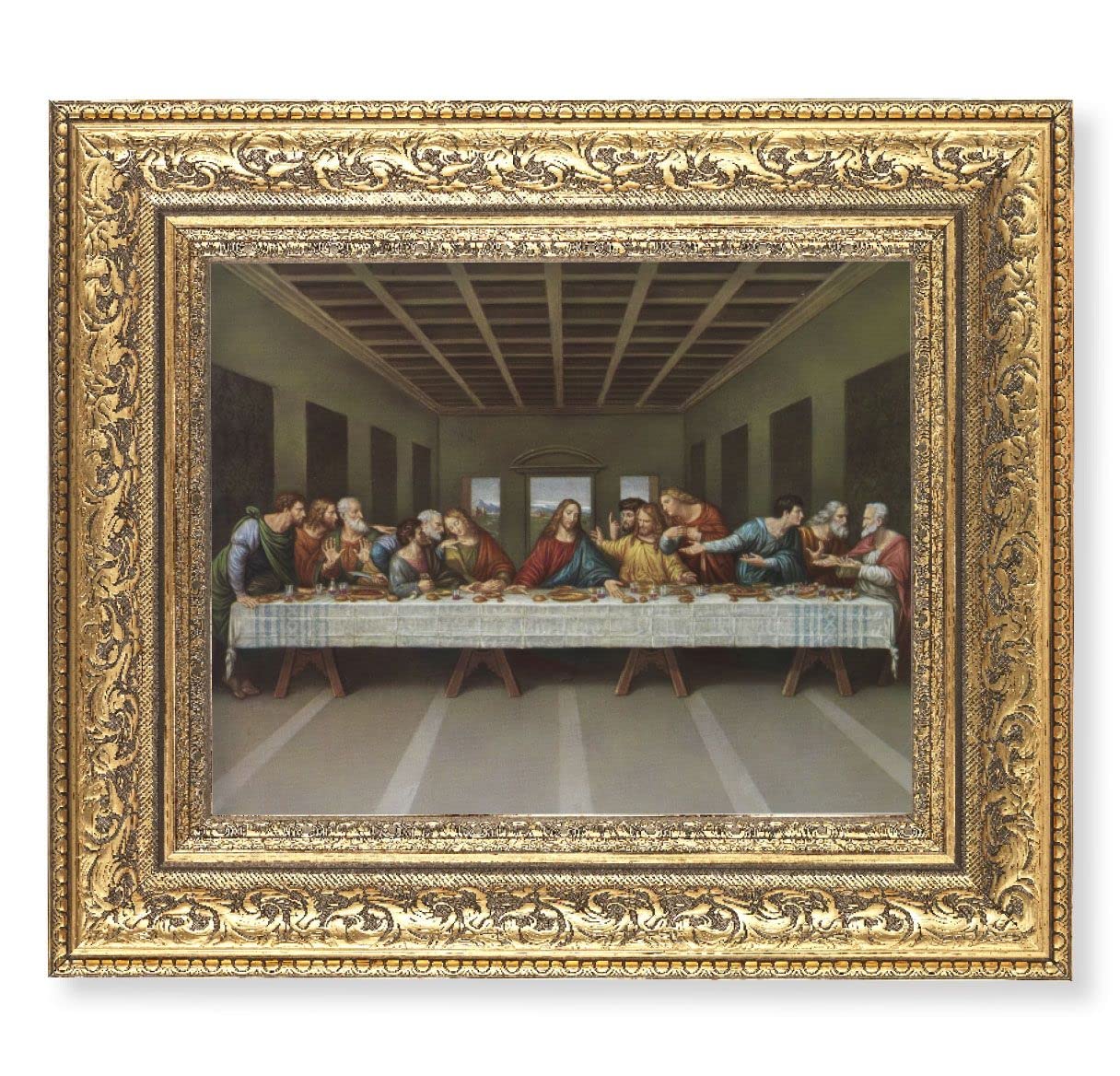 Last Supper Picture, 12-1/2"x14-1/2, Antique Gold Leaf Carvings Ornate Frame, Italian Print Under Glass # 25524