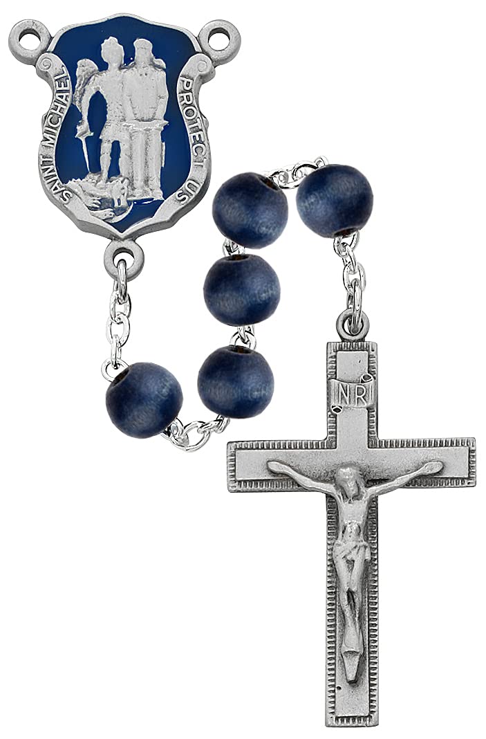 St. Michael/Police Rosary, 8mm Blue Wood Beads, Pewter Enameled Center and 1-3/4" Crucifix # 21233