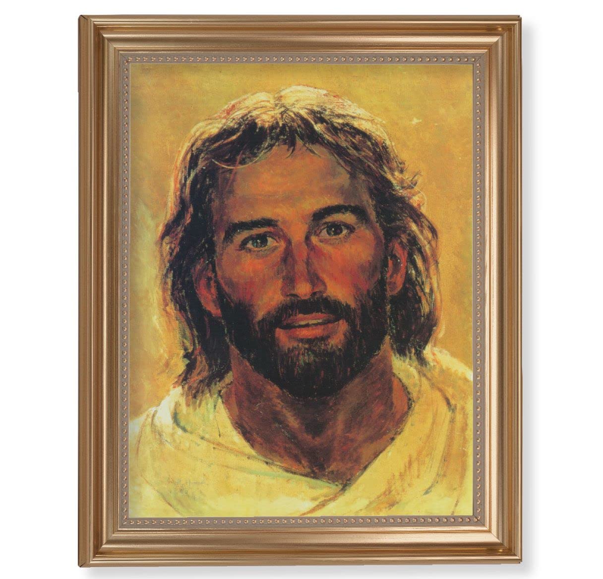 Hooks: Head of Christ Picture, 13-1/2"x16-9/16 Gold-Leaf Fluted Frame with Beaded Lip, Textured Italian Print # 25258