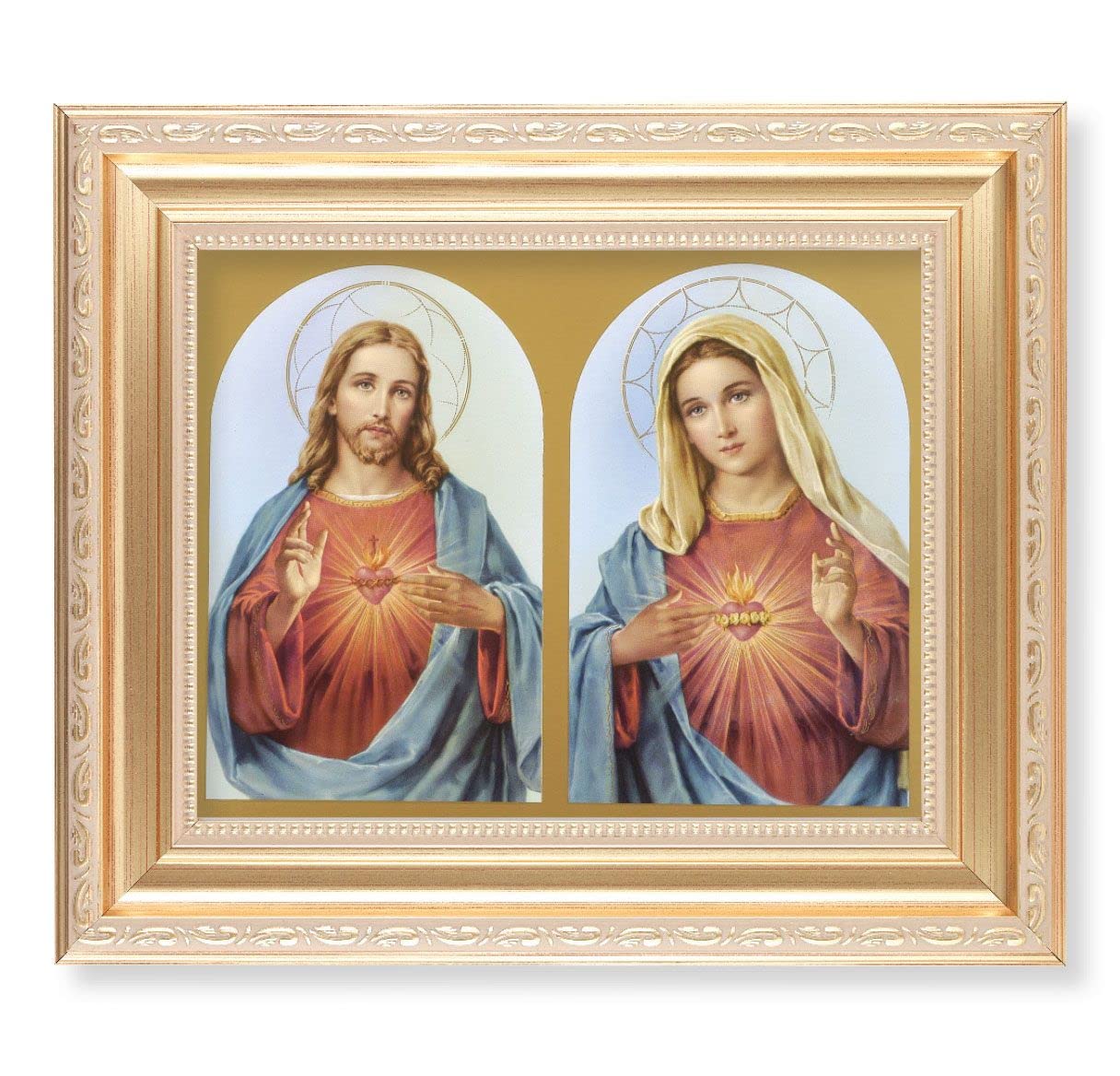 The Sacred Hearts, 11.5"x13.5" Satin Gold Frame, Distressed Finish with Scrollwork, Italian Print Under Glass # 26414