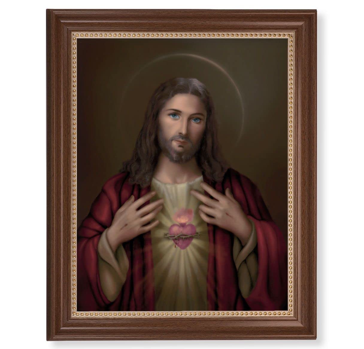 Sacred Heart Picture, 13-1/2"x16-9/16 Walnut Finish Frame with Gold Beaded Lip, Textured Italian Print # 22264