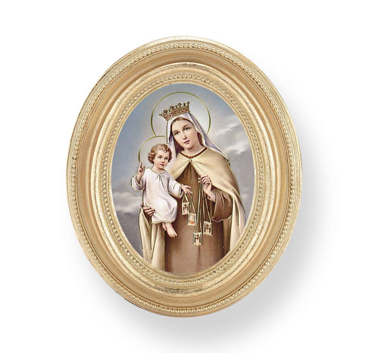 Our Lady of Mount Carmel Picture, Gold Finish 3-3/4"x4-1/2 Oval Frame, Exclusive Gold Stamped Print Under Glass # 28421