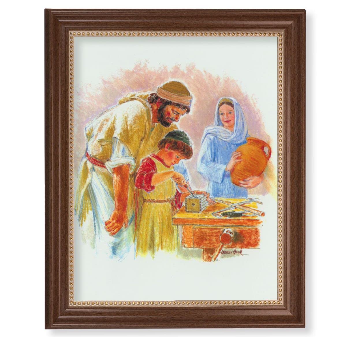 Hook: Jesus The Carpenter Picture, 13-1/2"x16-9/16 Walnut Finish Frame with Gold Beaded Lip, Textured Italian Print # 22352