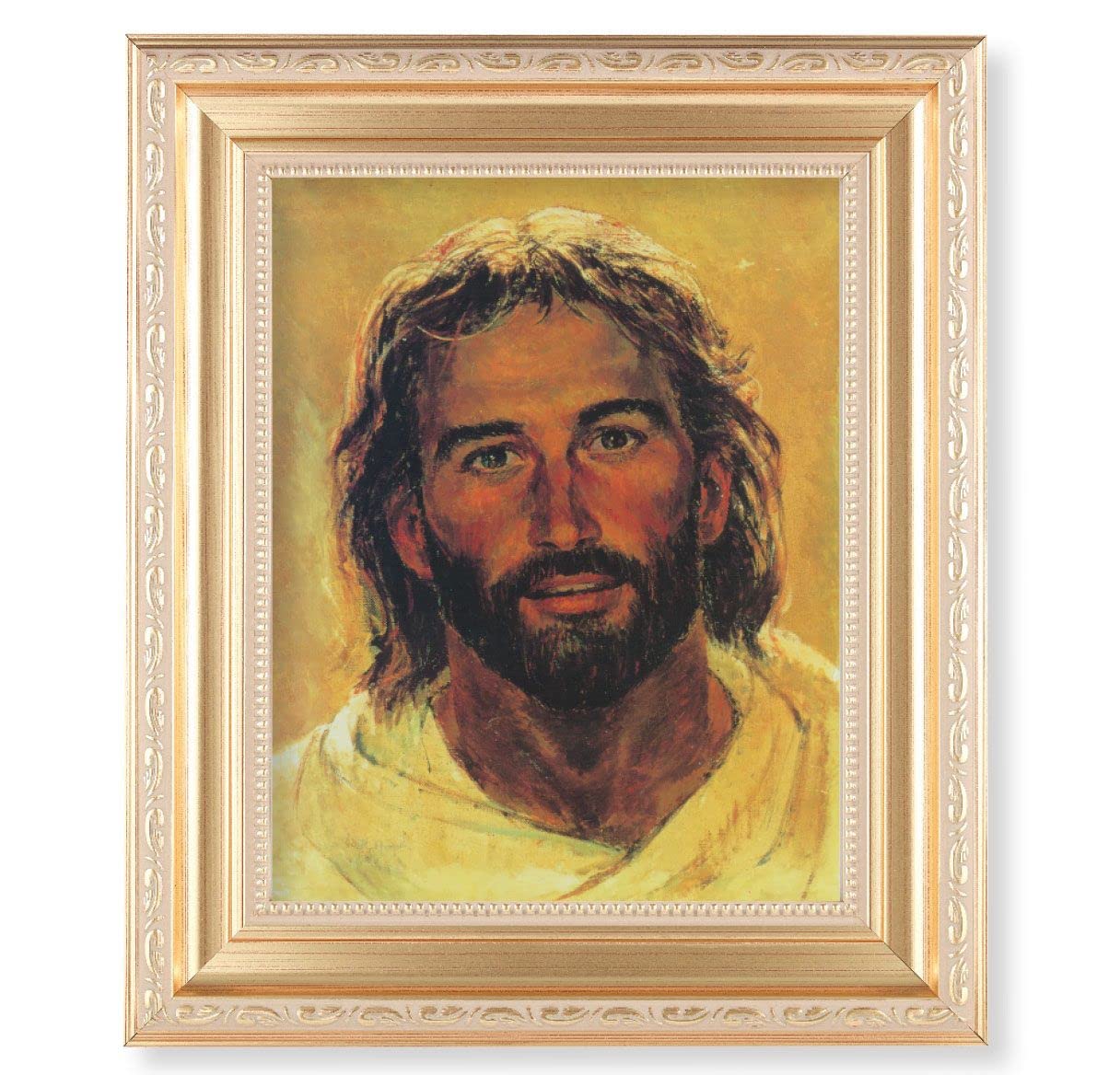 Hook: Head of Christ, 11.5"x13.5" Satin Gold Frame, Distressed Finish with Scrollwork, Italian Print Under Glass # 26409