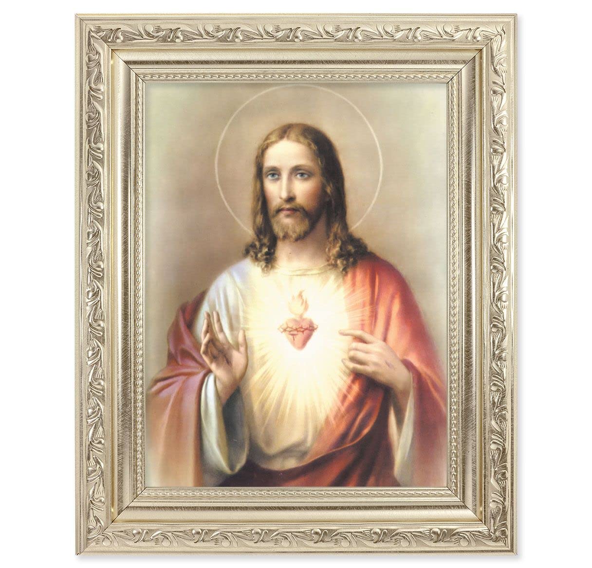 Sacred Heart of Jesus Picture, 8-1/4"x10-1/4 Antique Silver Finish with Acanthus Leaf Detail Under Glass # 27862