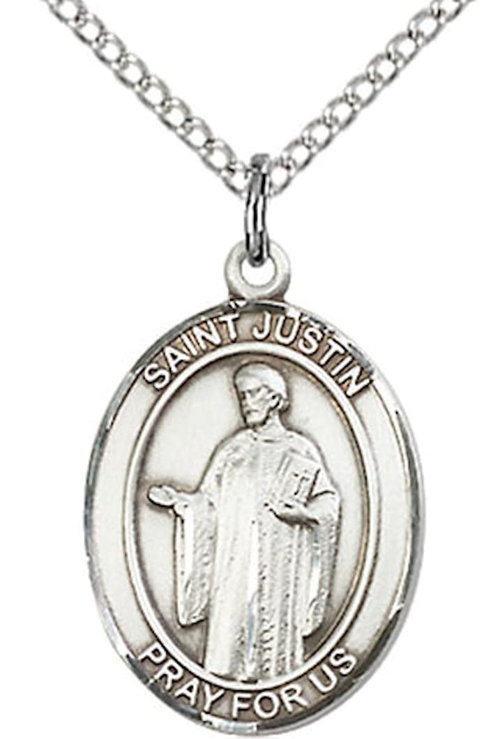 St. Justin Medal in Fine Pewter, 3/4" tall, Your Choice of Chain # 17114