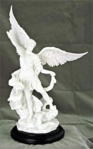 Saint Michael White Resin Statue, Black Wood Base, 11", 21968