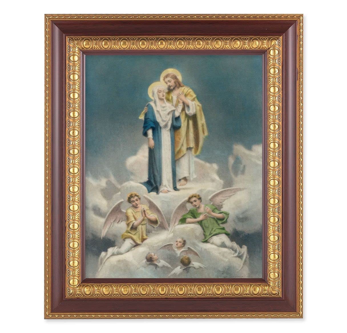 Chambers: Jesus & Mary in Heaven, 11-1/2"x13-1/2, Cherry Finish with Gold Egg & Dart Frame, Italian Print Under Glass # 26158