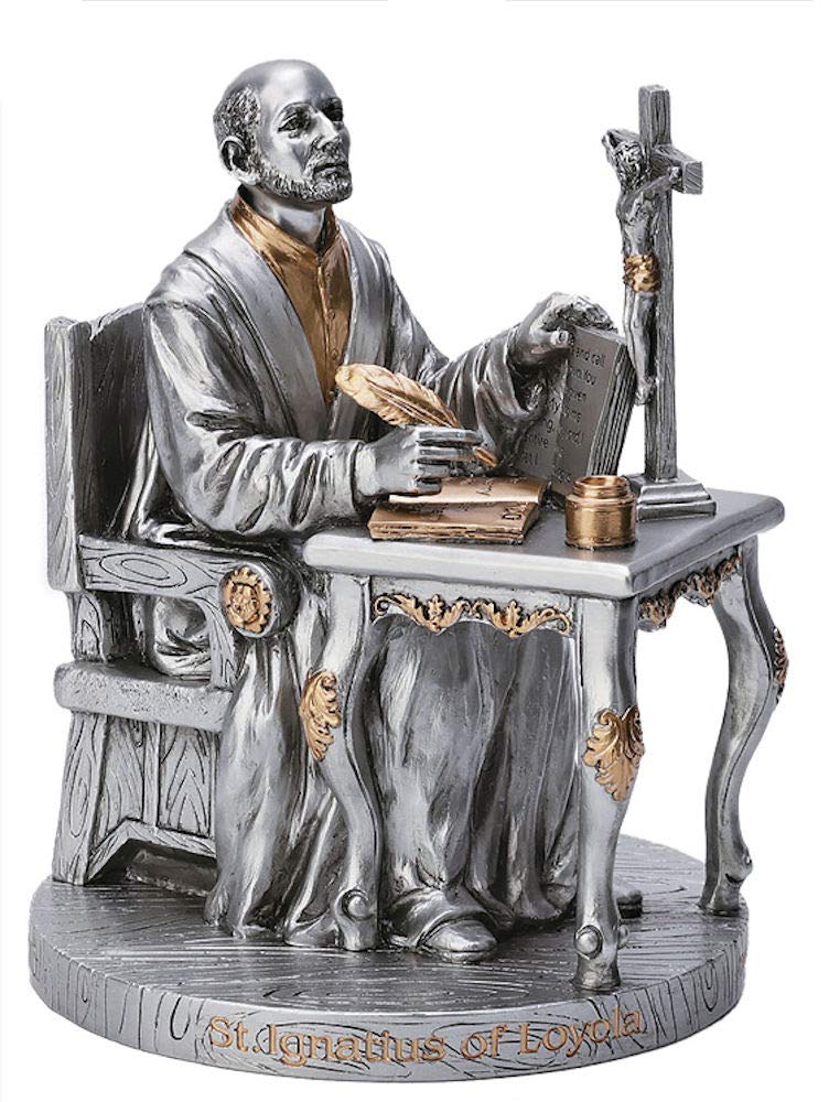 6.5" St. Ignatius of Loyola Statue, Pewter Finish Resin Gold Highlights, # 17893
