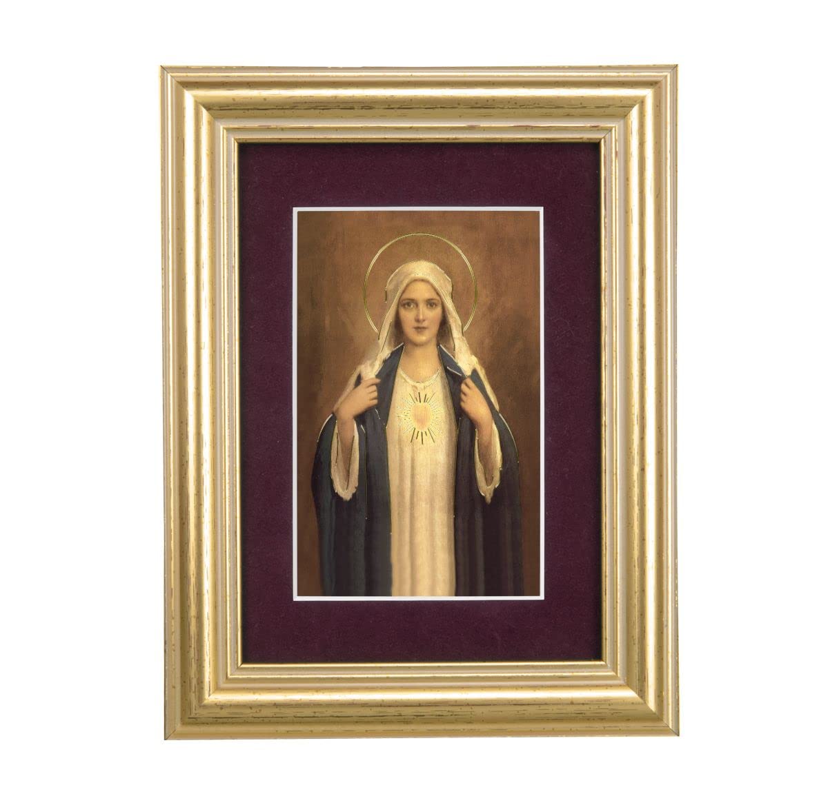 Immaculate Heart of Mary Picture, 5"x6.5" Antique Gold Fluted Frame, Behind Maroon Velvet Matting # 28294
