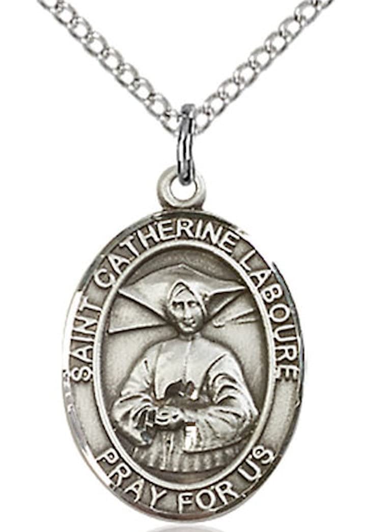 St. Catherine Laboure Medal in Fine Pewter, 3/4" tall, Your Choice of Chain # 16986