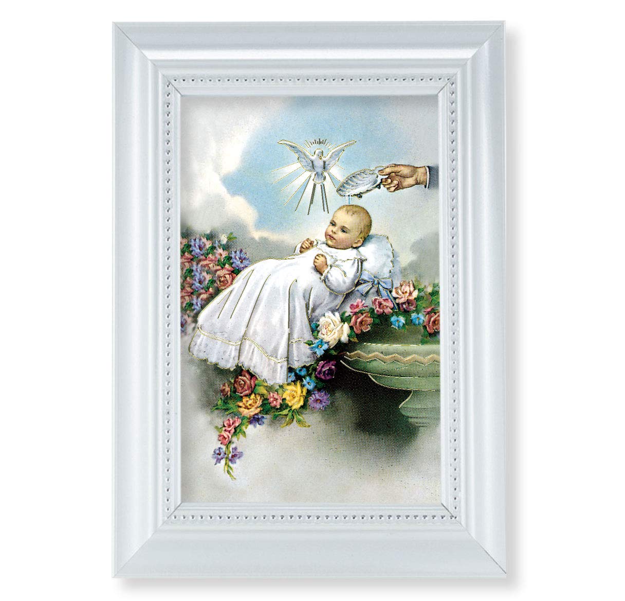 Baby Baptism Picture, Pearlized White 5-1/2"x7 Frame, Beaded Lip, Under Glass # 28087