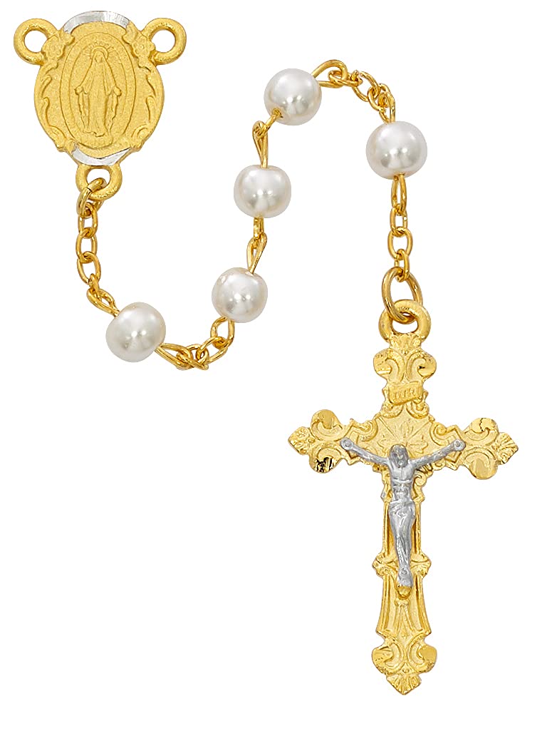 Our Lady's Rosary, 6mm Pearl Glass Beads, Two Tone Gold Plated Center and 1-1/2" Crucifix # 21209