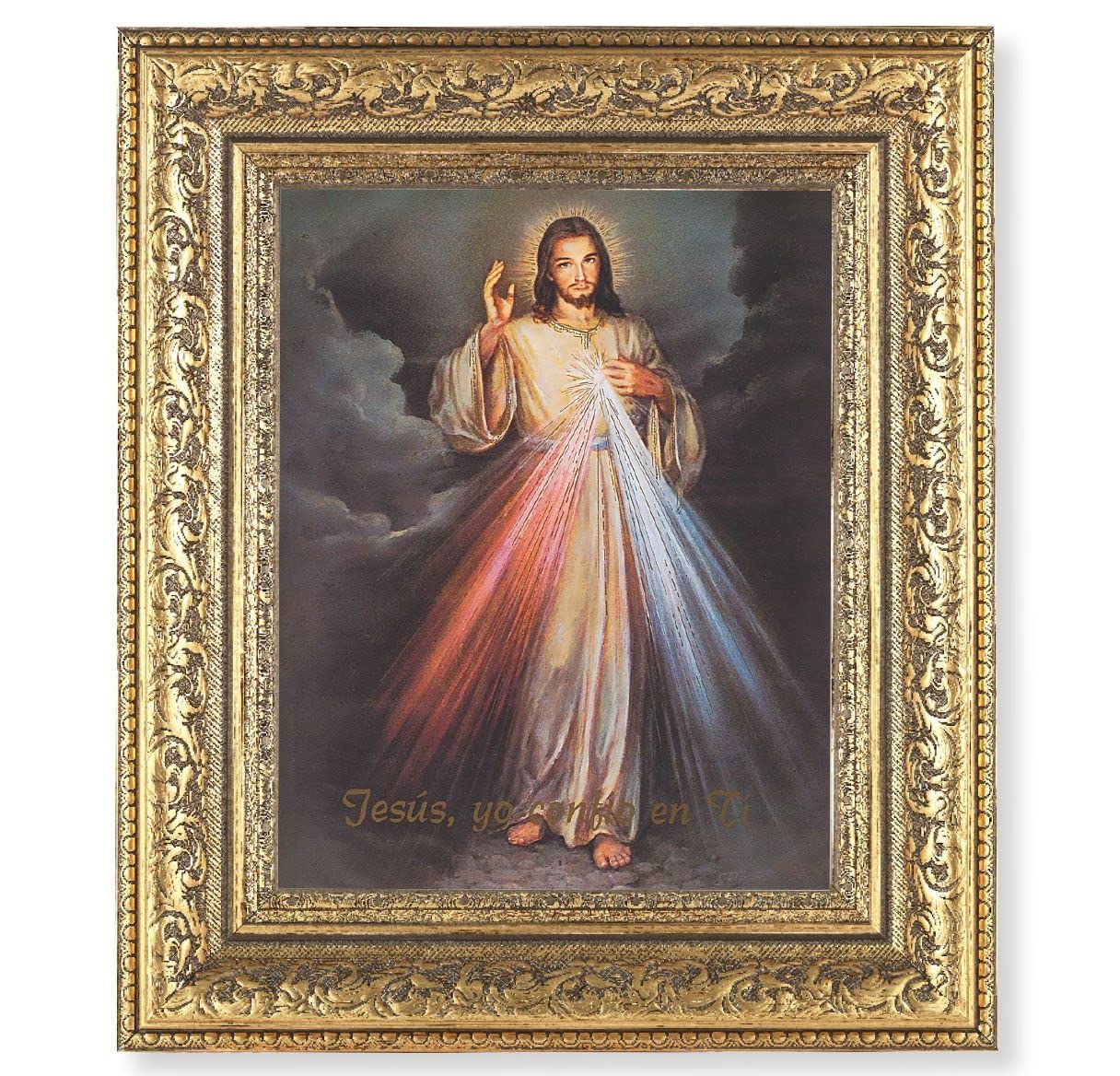 Spansh Divine Mercy Picture, 12-1/2"x14-1/2, Antique Gold Leaf Carvings Ornate Frame, Italian Gold Stamped Print Under Glass # 25438
