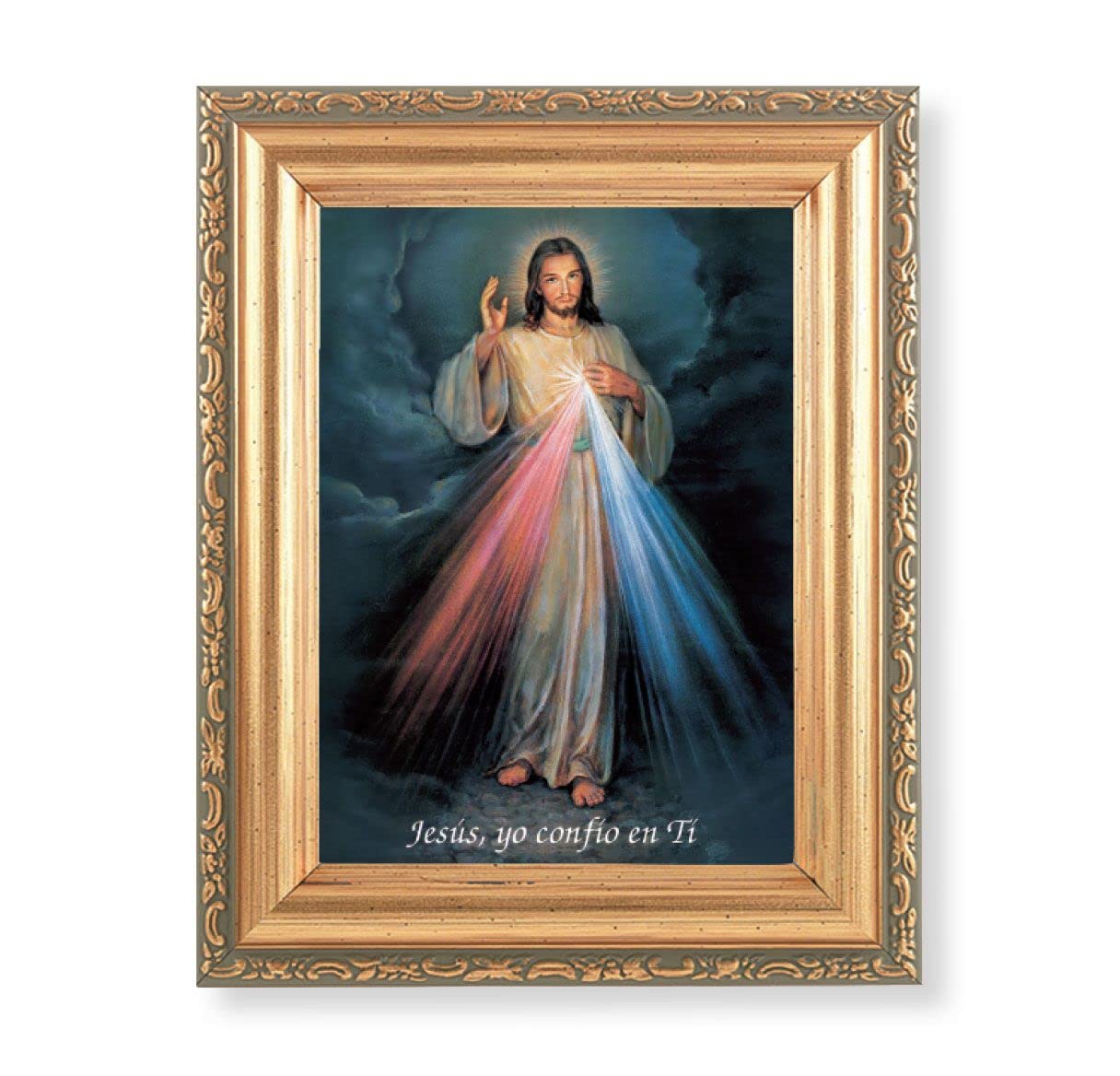 Spanish Divine Mercy Picture, Antique Gold 5-1/2"x7 Frame with Acanthus-Leaf Edging Under Glass # 28146
