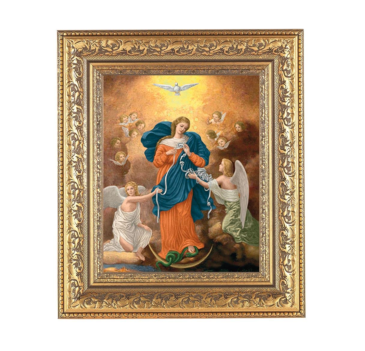 Our Lady Untier of Knots Picture, 12-1/2"x14-1/2, Antique Gold Leaf Carvings Ornate Frame, Italian Print Under Glass # 25595