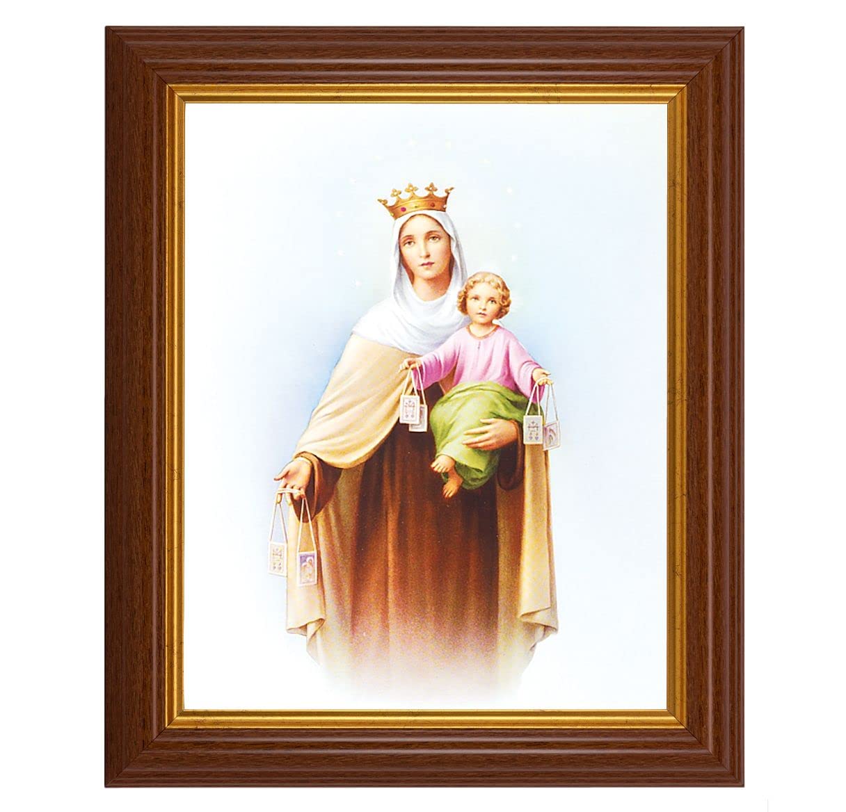 Our Lady of Mount Carmel, 10.5"x12.5" Walnut Finished Fluted Frame, Gold Beaded Lip, Italian Print # 26990