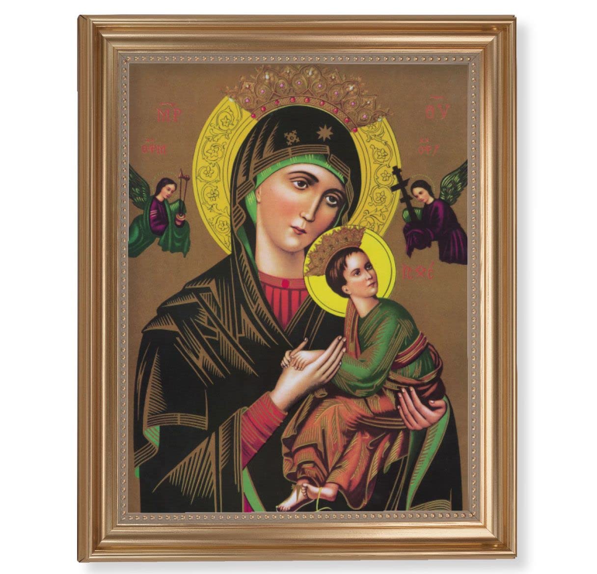 Our Lady of Perpetual Help Picture, 13-1/2"x16-9/16 Gold-Leaf Fluted Frame with Beaded Lip, Textured Italian Print # 25276