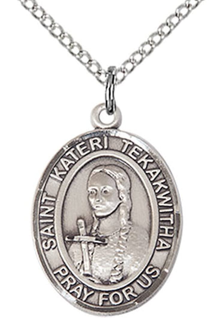 St. Kateri Tekakwitha Medal in Fine Pewter, 3/4" tall, Your Choice of Chain # 17116