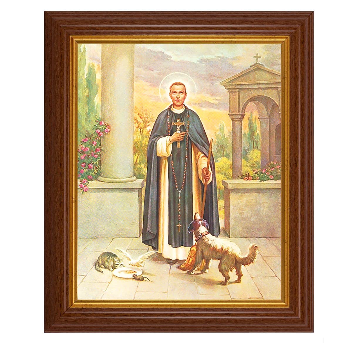 St. Martin DePorres, 10.5"x12.5" Walnut Finished Fluted Frame, Gold Beaded Lip, Italian Print # 27050