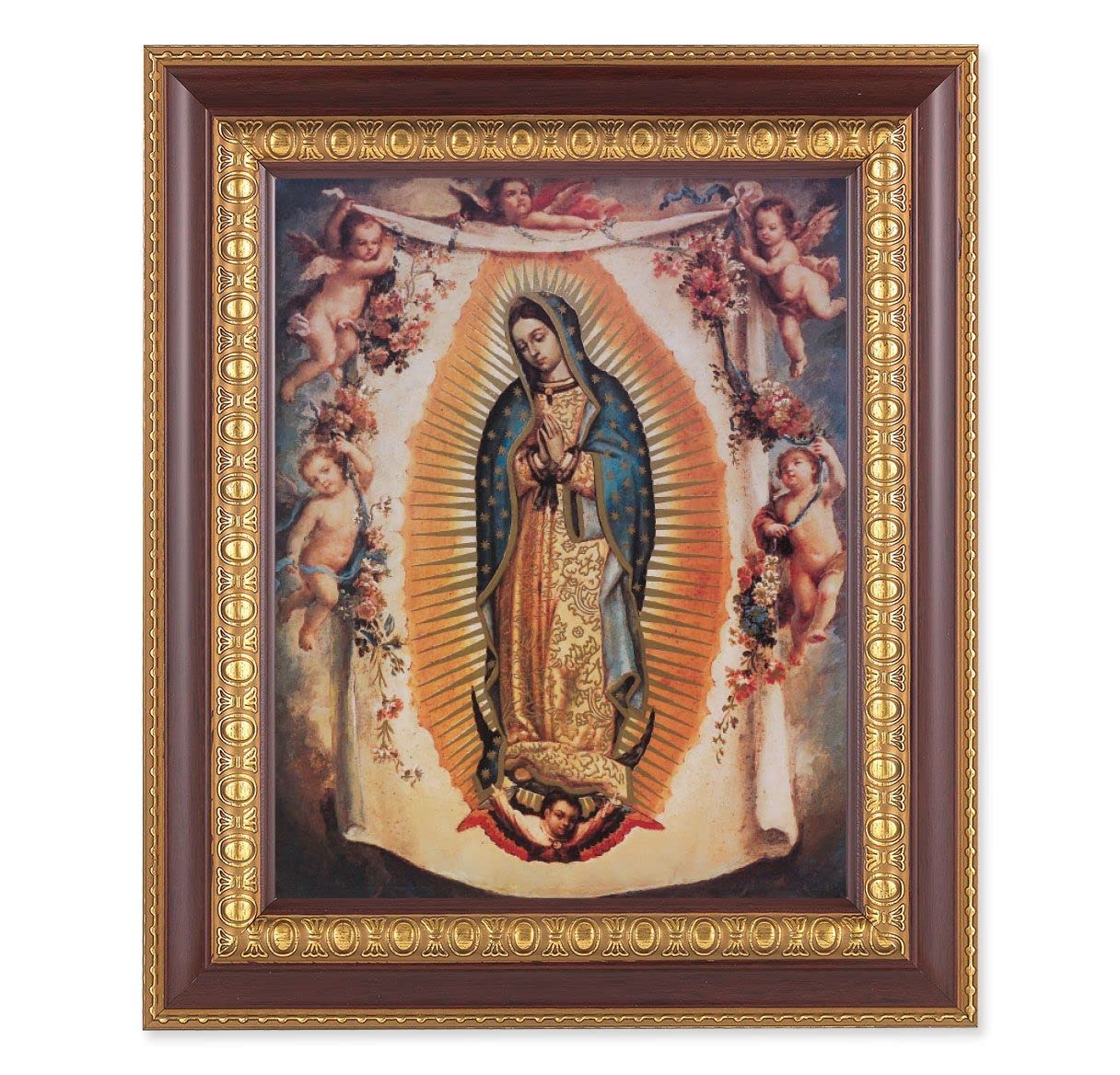 Our Lady of Guadalupe with Angels, 11-1/2"x13-1/2, Cherry Finish with Gold Egg & Dart Frame, Italian Print Under Glass # 26010