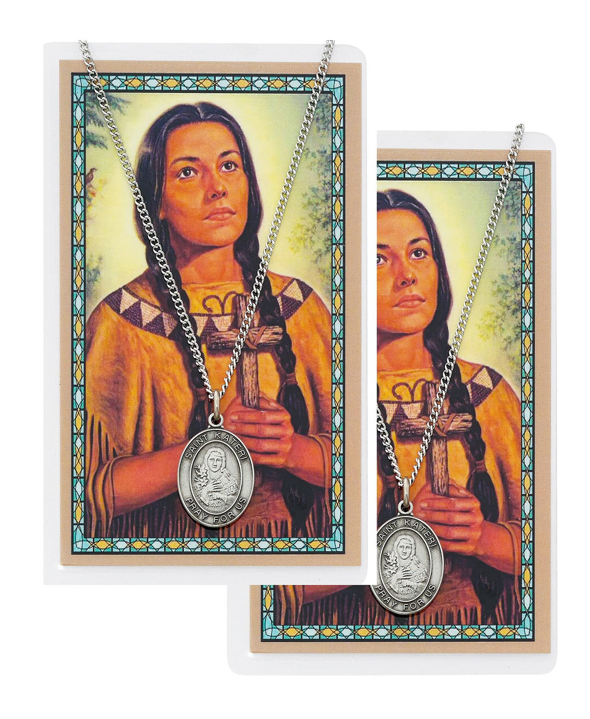 St. Kateri Tekakwitha Pewter Medal with Laminated Holy Card, 18" Chain, 2-Count Value Pack. # 21370