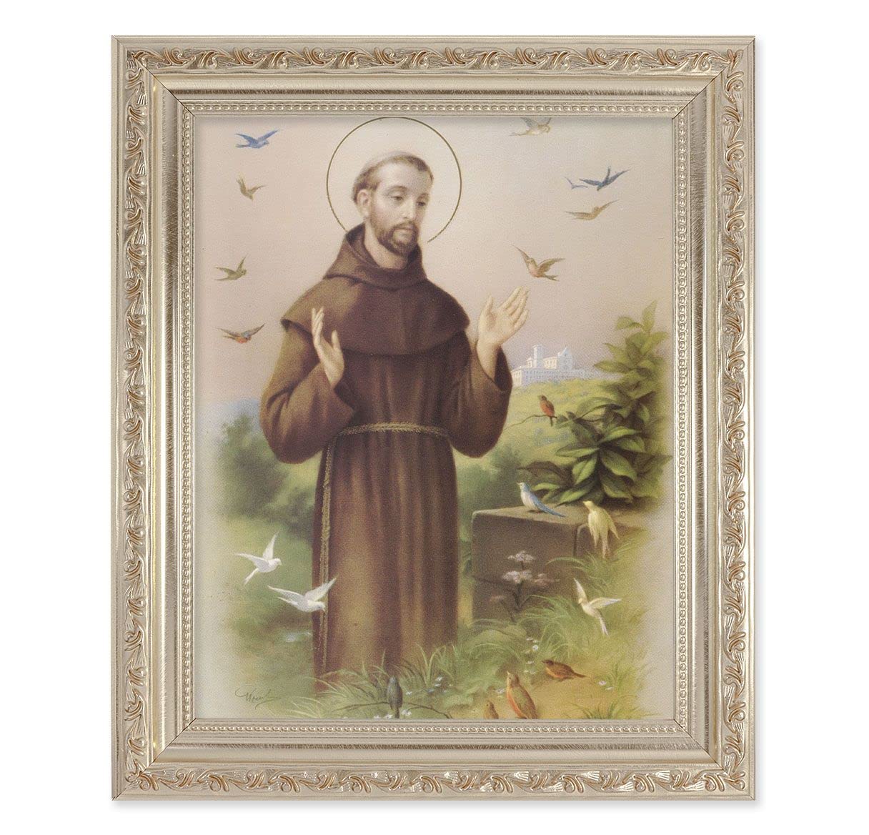 St. Francis of Assisi, 10"x12" Antique Silver & Carved Scrollwork Frame, Italian Print Under Glass # 26835