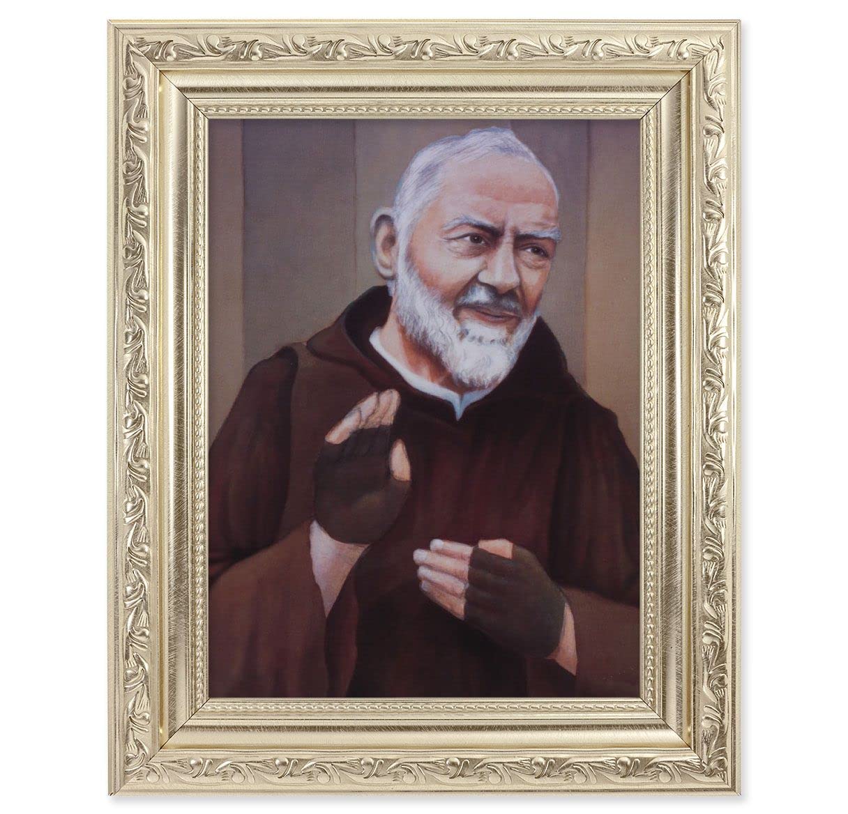 St. Padre Pio Picture, 8-1/4"x10-1/4 Antique Silver Finish with Acanthus Leaf Detail Under Glass # 27921