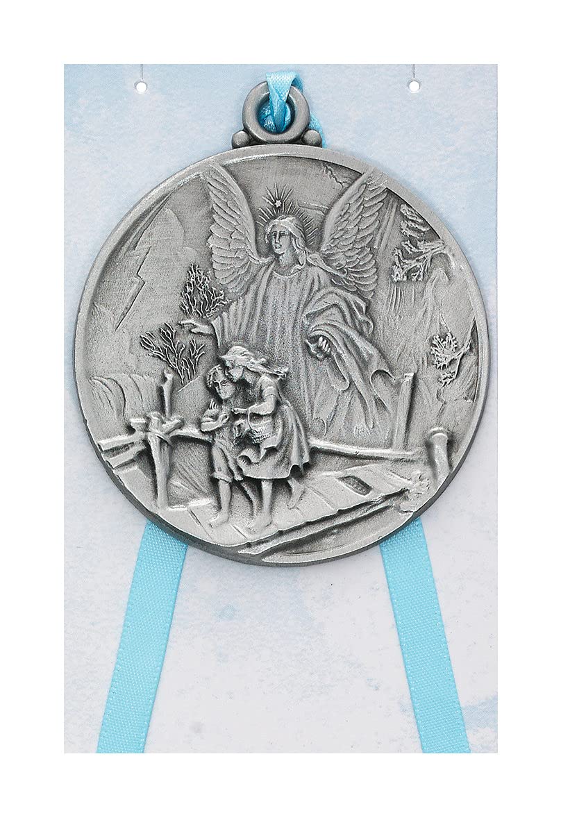 Guardian Angel Crib Medal with Blue Ribbon, Fine Pewter,  2-Count Value Pack 2-1/2"  # 21559
