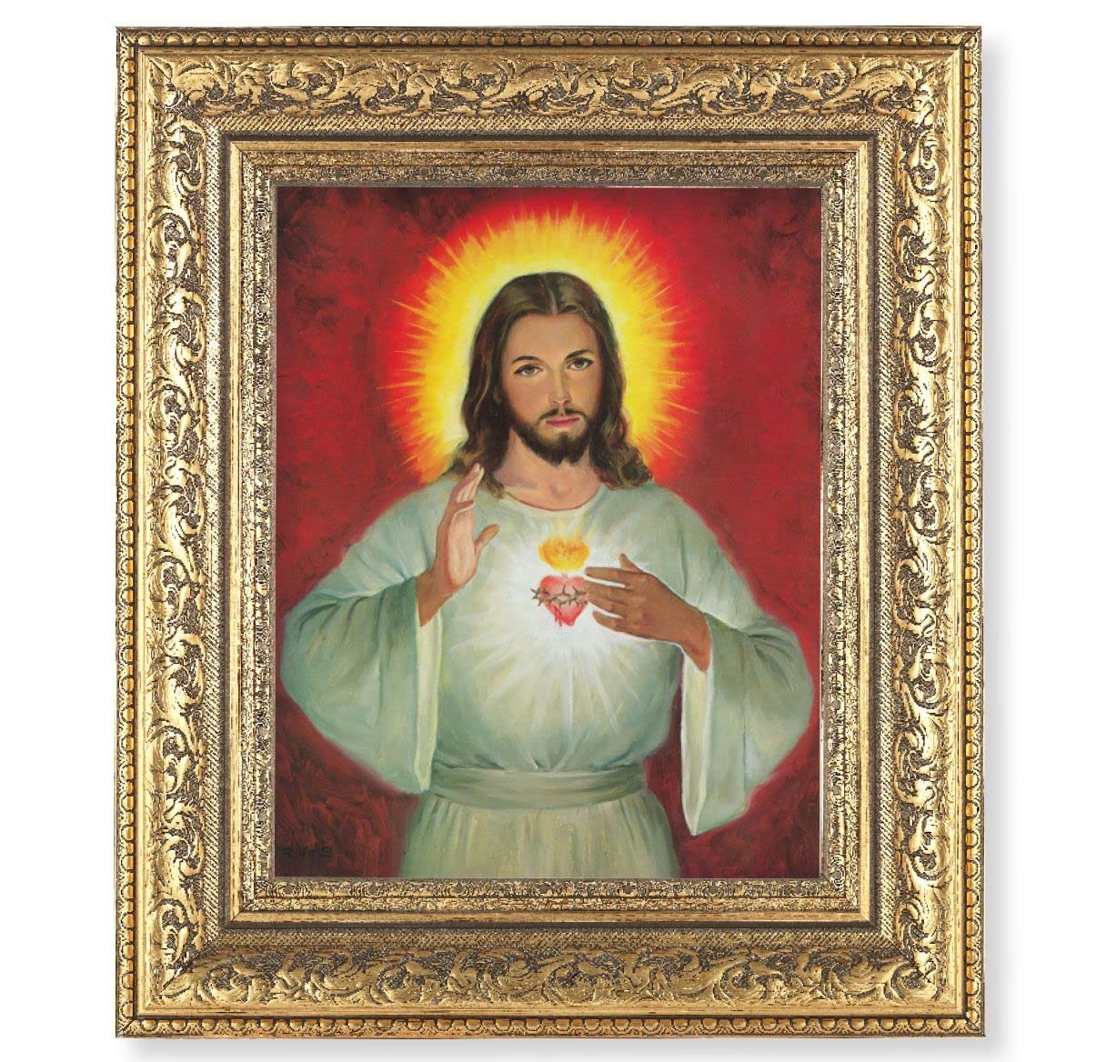Sacred Heart of Jesus Picture, 12-1/2"x14-1/2, Antique Gold Leaf Carvings Ornate Frame, Italian Print Under Glass # 25580