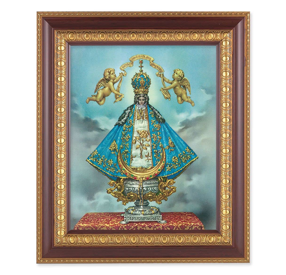 Virgen de San Juan, 11-1/2"x13-1/2, Cherry Finish with Gold Egg & Dart Frame, Italian Print Under Glass # 26045