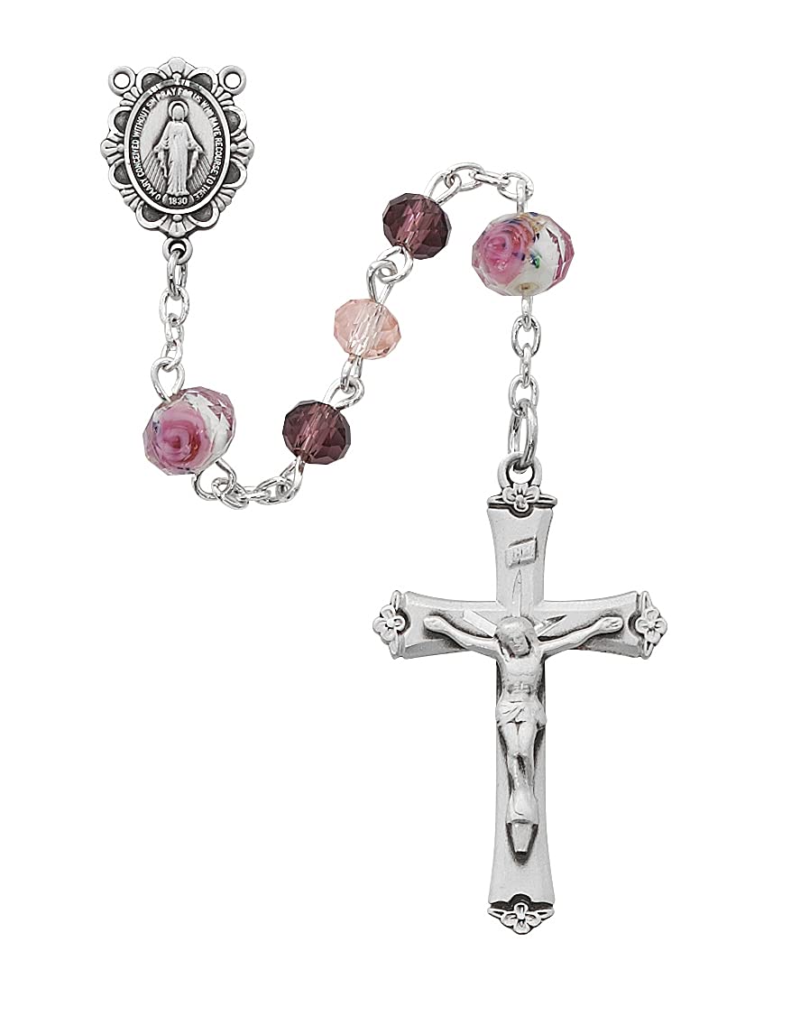 Pink & Purple Crystal Bead Rosary, 6mm Beads, Rhodium Plated Center and 1-1/2" Crucifix # 21216