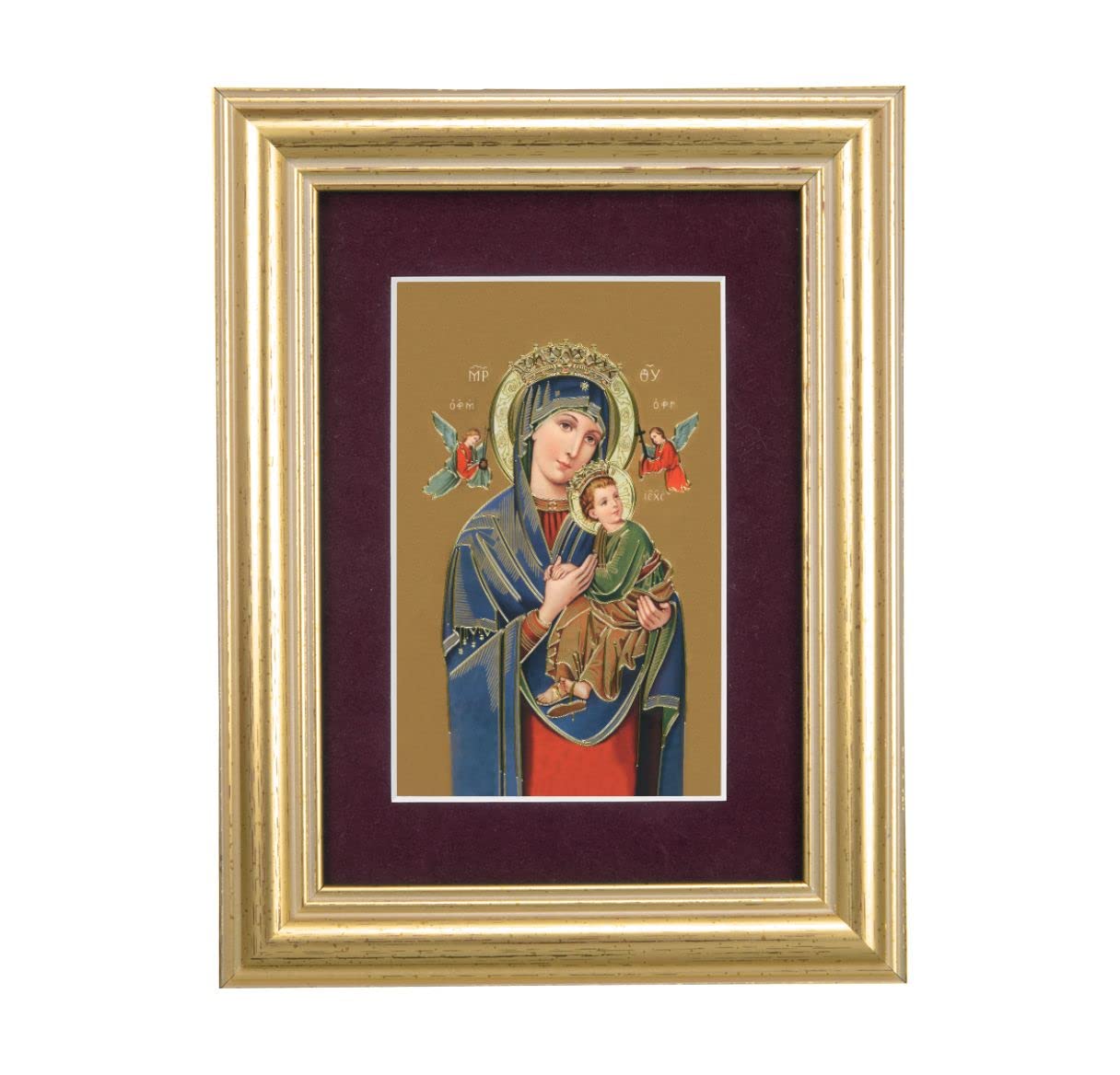 Our Lady of Perpetual Help Picture, 5"x6.5" Antique Gold Fluted Frame, Behind Maroon Velvet Matting # 28292
