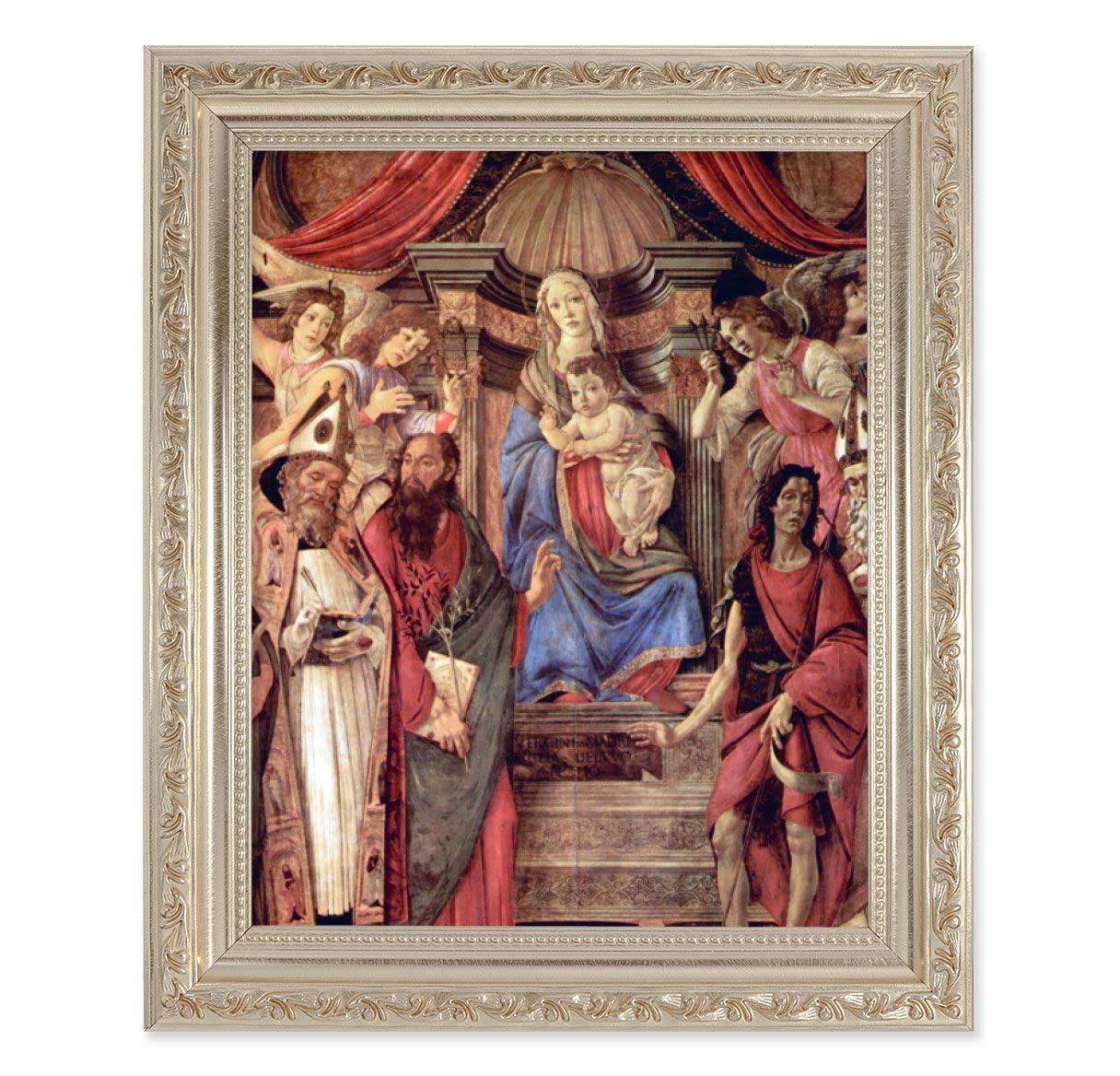 Madonna Enthroned with Angels & Saints, 10"x12" Antique Silver & Carved Scrollwork Frame, Italian Print Under Glass # 26909