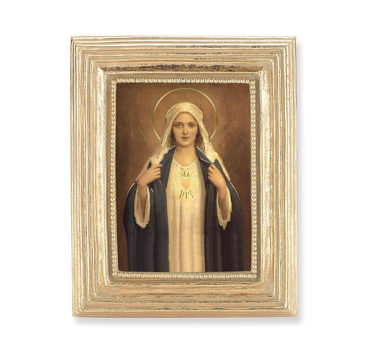 Immaculate Heart of Mary Picture, Gold Finish 3-7/8"x4-3/4 Frame, Exclusive Gold Stamped Print Under Glass # 28329