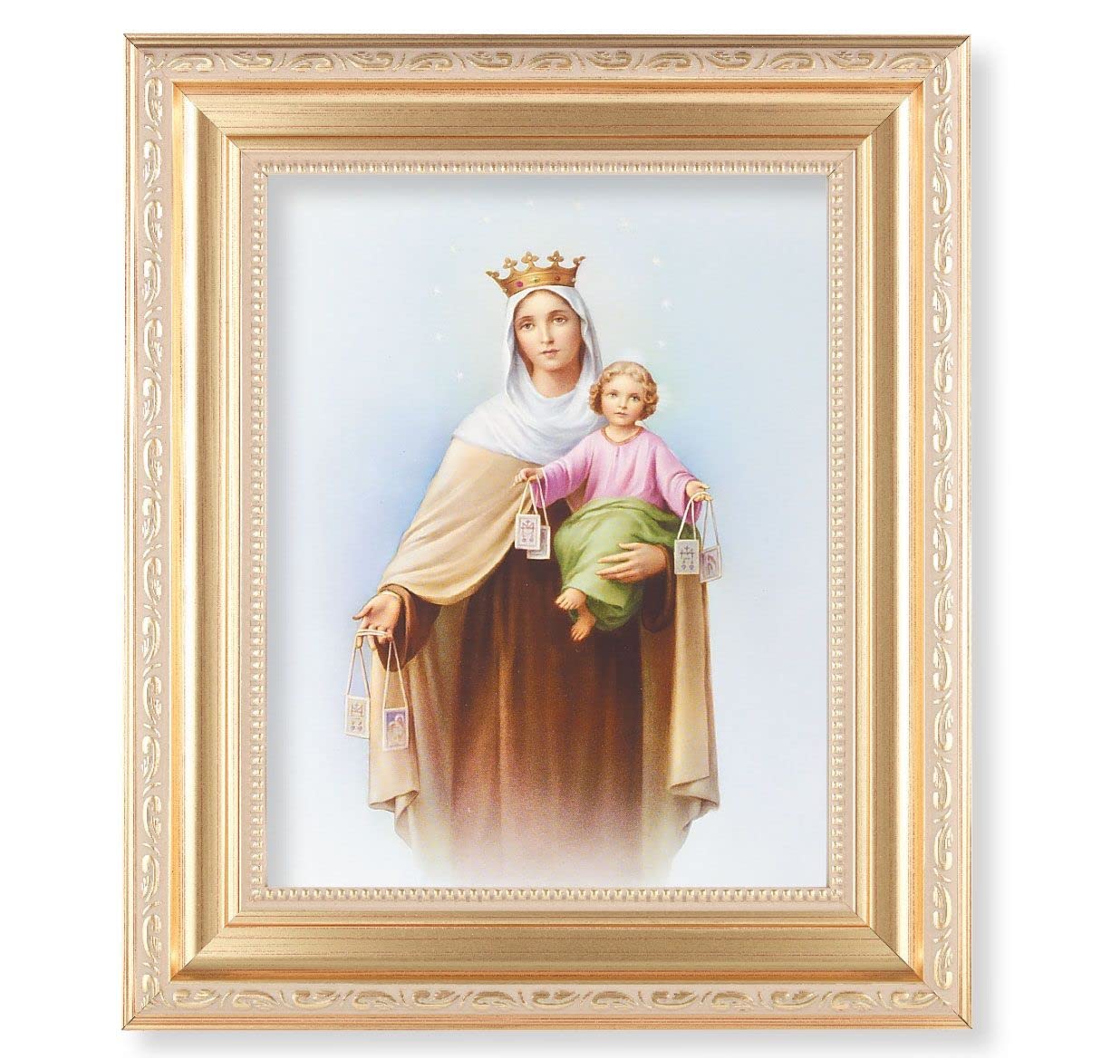 Our Lady of Mount Carmel, 11.5"x13.5" Satin Gold Frame, Distressed Finish with Scrollwork, Italian Print Under Glass # 26424