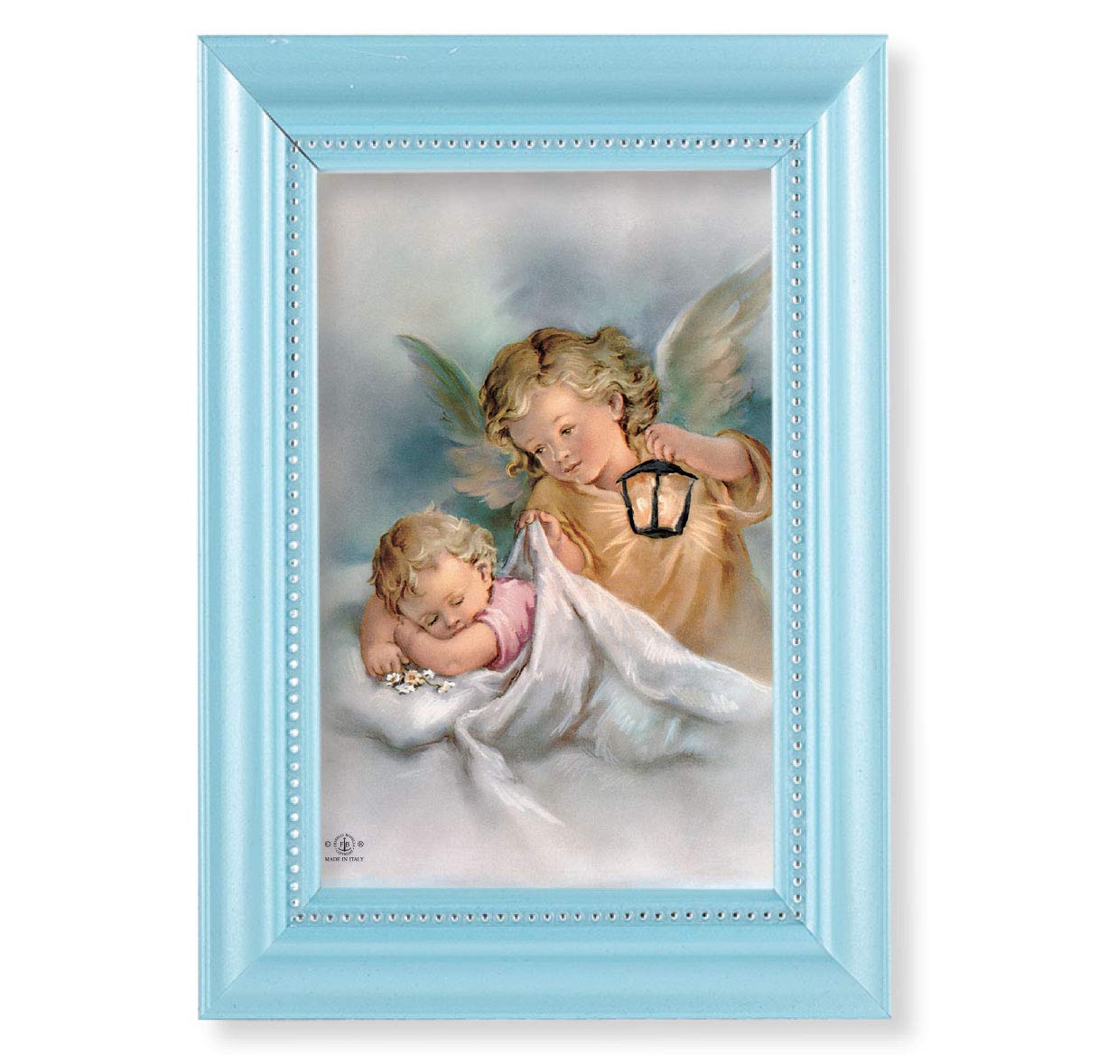 Guardian Angel with Lantern Picture, Pearlized Blue 5-1/2"x7 Frame, Beaded Lip, Under Glass # 28057