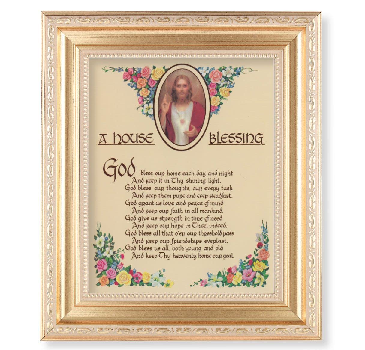 A House Blessing Picture, 11.5"x13.5" Satin Gold Frame, Distressed Finish with Scrollwork, Italian Print Under Glass # 26533