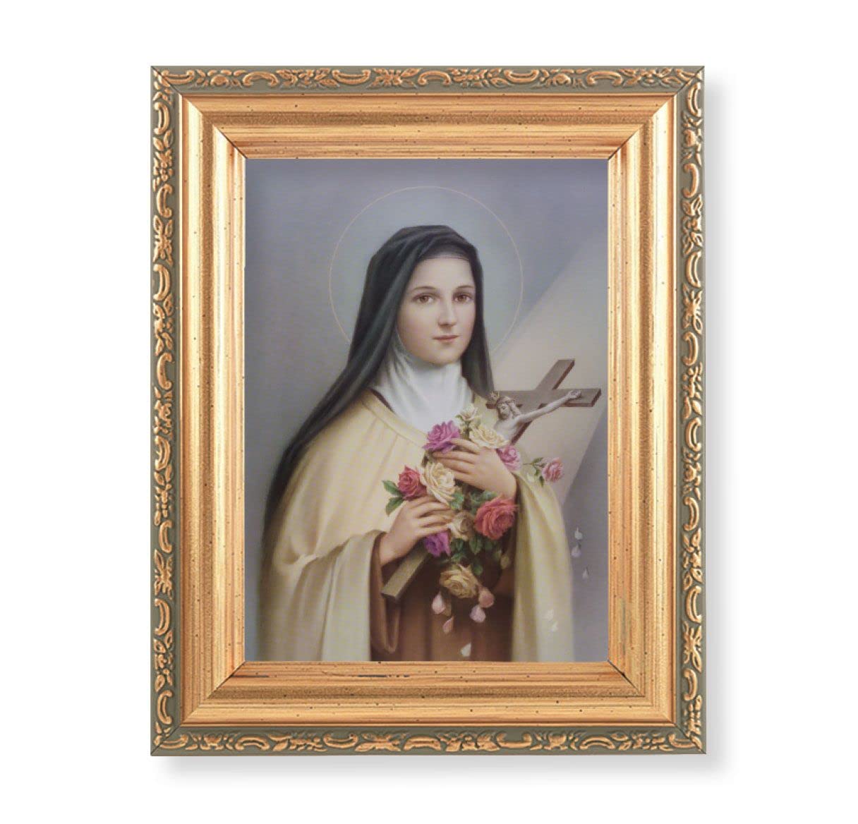 St. Therese of Lisieux Picture, Antique Gold 5-1/2"x7 Frame with Acanthus-Leaf Edging Under Glass # 28187