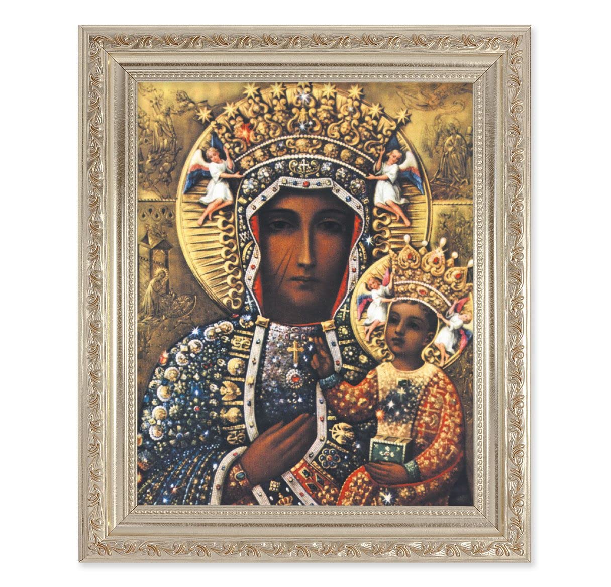 Our Lady of Czestochowa, 10"x12" Antique Silver & Carved Scrollwork Frame, Italian Print Under Glass # 26807