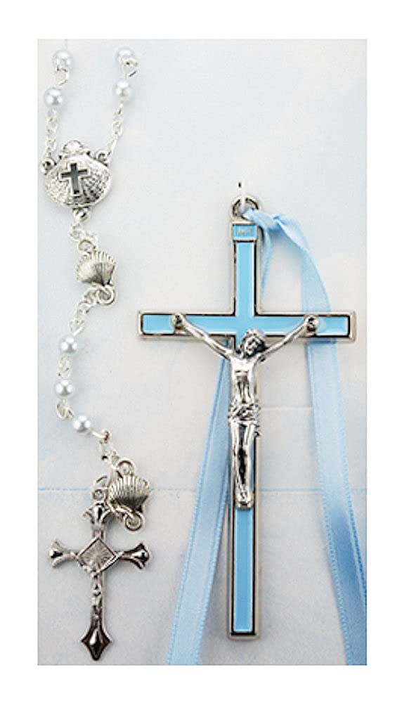 Boy's Crucifix & Rosary Set, Blue Enamel & Ribon, 3-3/4" Cross with 3mm Beads # 21569