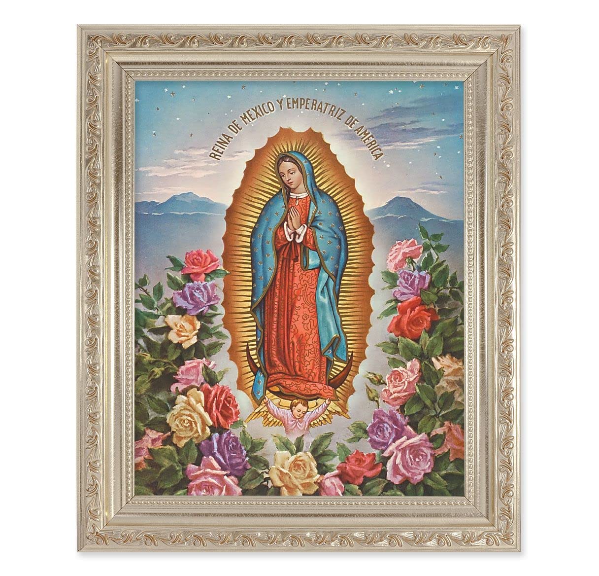 Our Lady of Guadalupe, 10"x12" Antique Silver & Carved Scrollwork Frame, Italian Print Under Glass # 26804