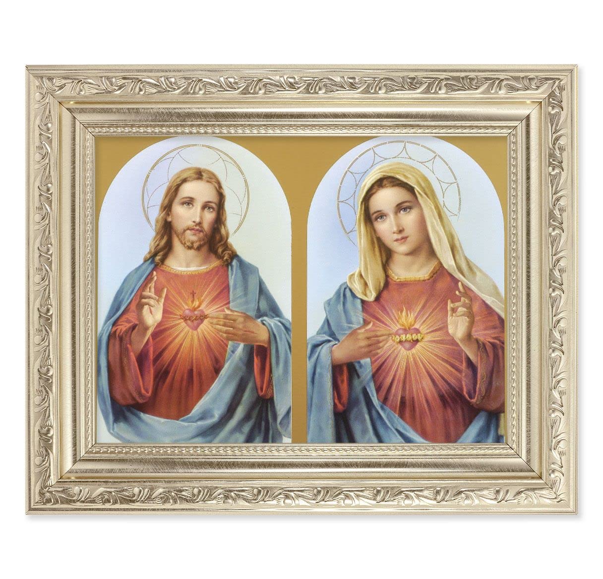 The Sacred Hearts Picture, 8-1/4"x10-1/4 Antique Silver Finish with Acanthus Leaf Detail Under Glass # 27870