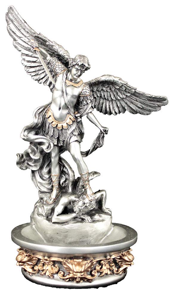 8" St. Michael Holy Water Font, Pewter Finish, Stands or Hangs, # 21959